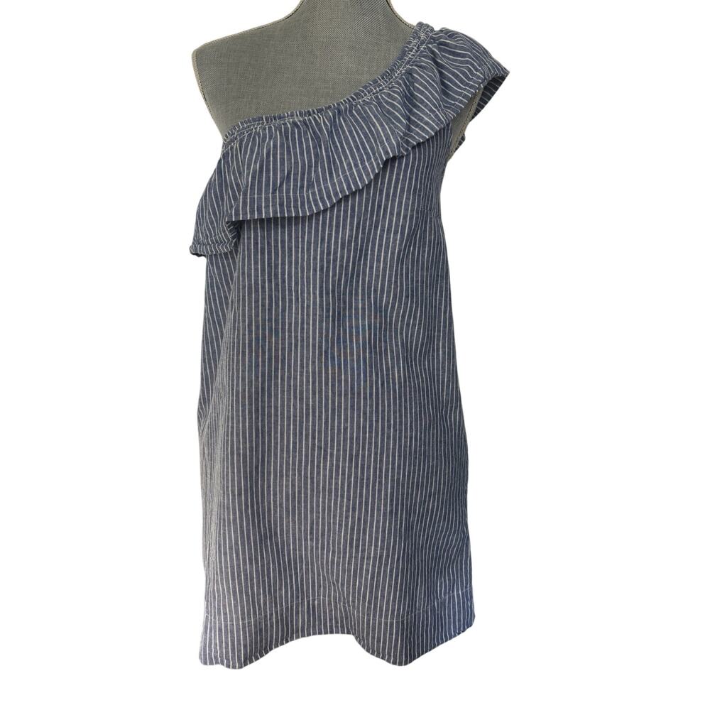 Aqua Linen Blend Blue White Striped One Shoulder Mini Dress S Ruffle Pockets